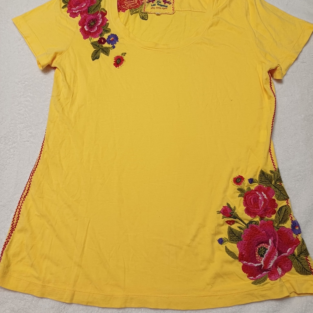 Johnny Was Yellow Floral Embroidered Tee